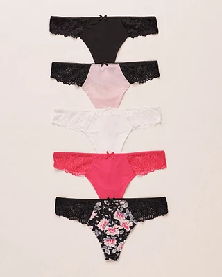 Lot de 5 culottes tanga microfibre et dentelle