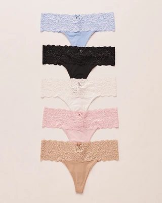 Lot de 5 culottes tanga microfibre et large bande dentelle