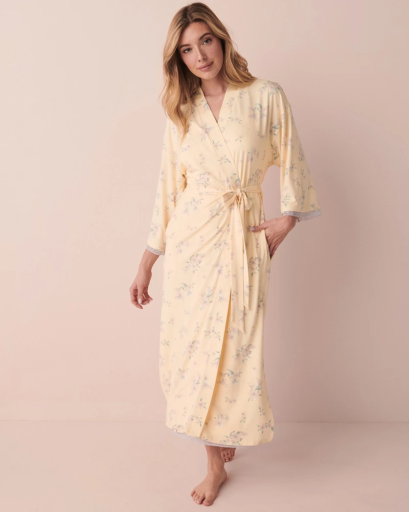 Long kimono ultra doux bordure de dentelle