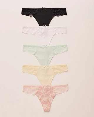 Lot de 5 culottes tanga microfibre et dentelle