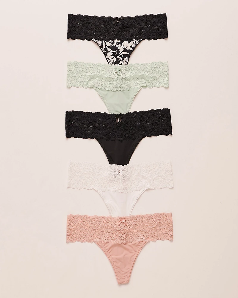5-Pack Microfiber and Wide Lace Band Thong Panties