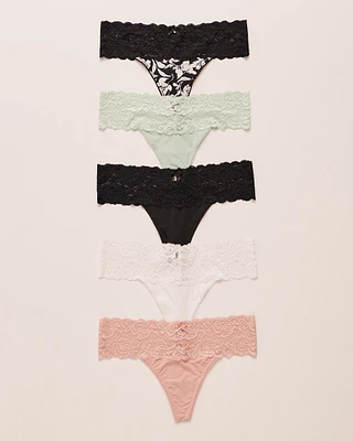 5-Pack Microfiber and Wide Lace Band Thong Panties