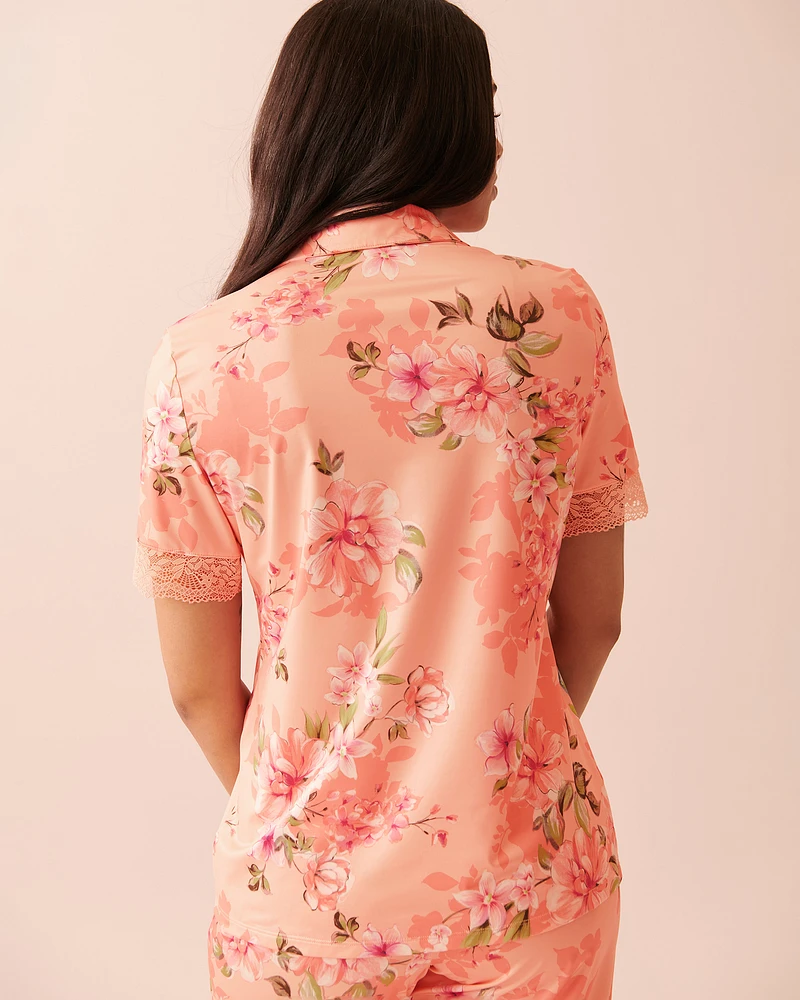 Recycled Fibers Lace Trim Short Sleeve Button-down Shirt