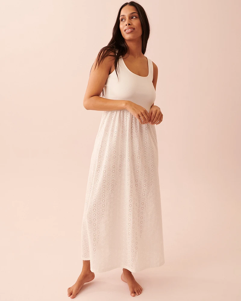 Maxi Length Eyelet and Ribbed Sleeveless Sleepshirt