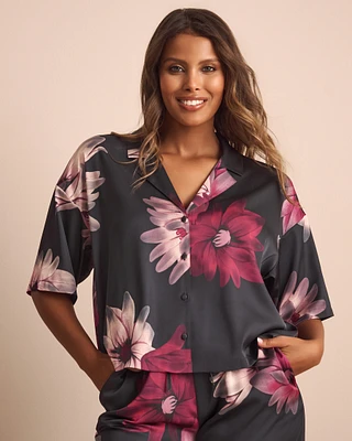 Floral Print Satin Short Sleeve Button-down Shirt