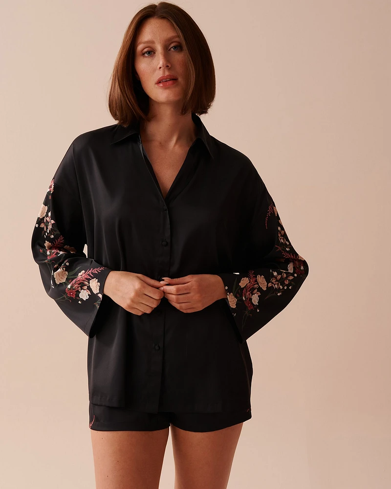 Black Bouquet Satin Long Sleeve Button-down Shirt