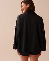 Black Bouquet Satin Long Sleeve Button-down Shirt