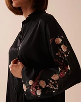 Black Bouquet Satin Long Sleeve Button-down Shirt