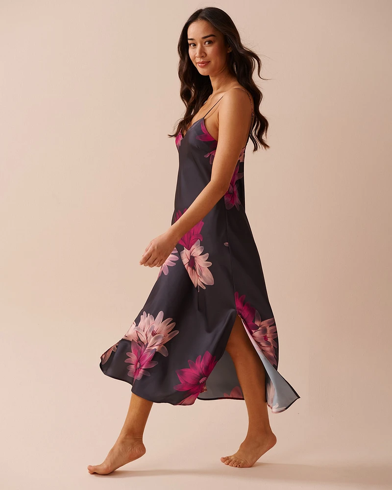 Floral Print Long Satin Nightie