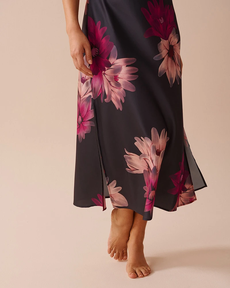 Nuisette longue en satin à imprimé floral
