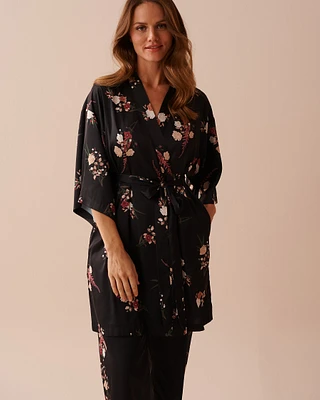 Black Bouquet Satin Kimono