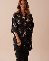 Black Bouquet Satin Kimono