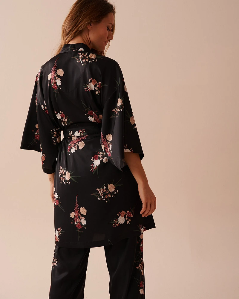 Black Bouquet Satin Kimono