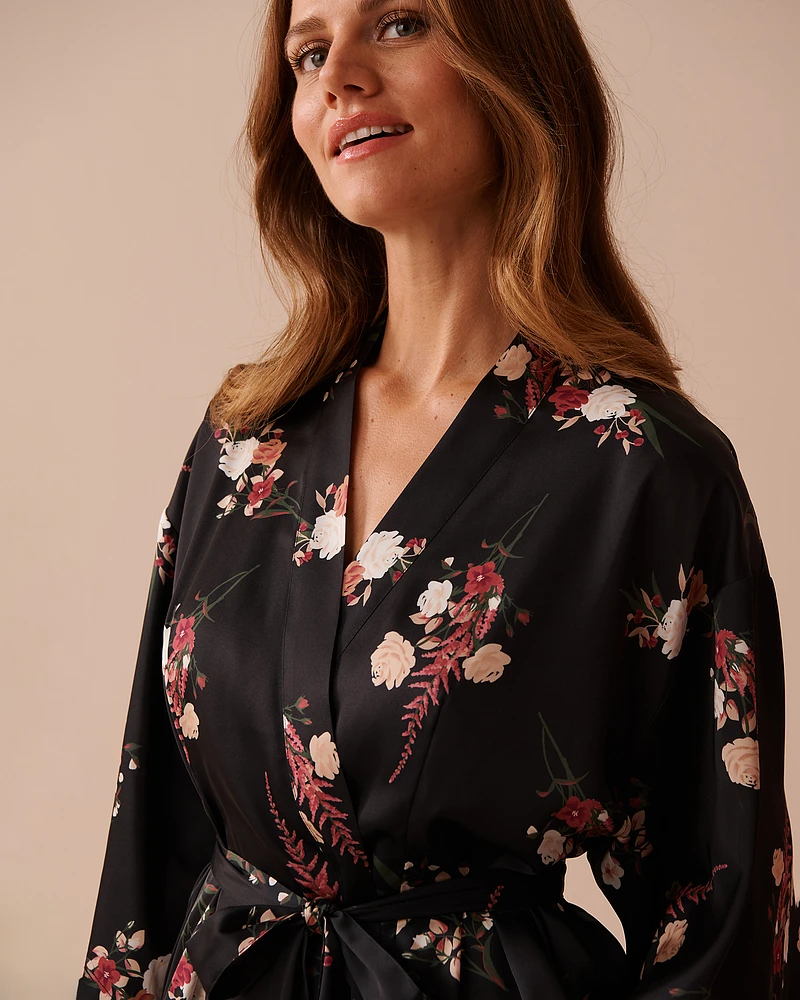 Black Bouquet Satin Kimono