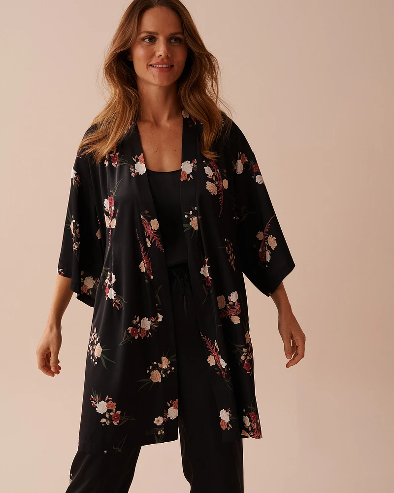 Black Bouquet Satin Kimono