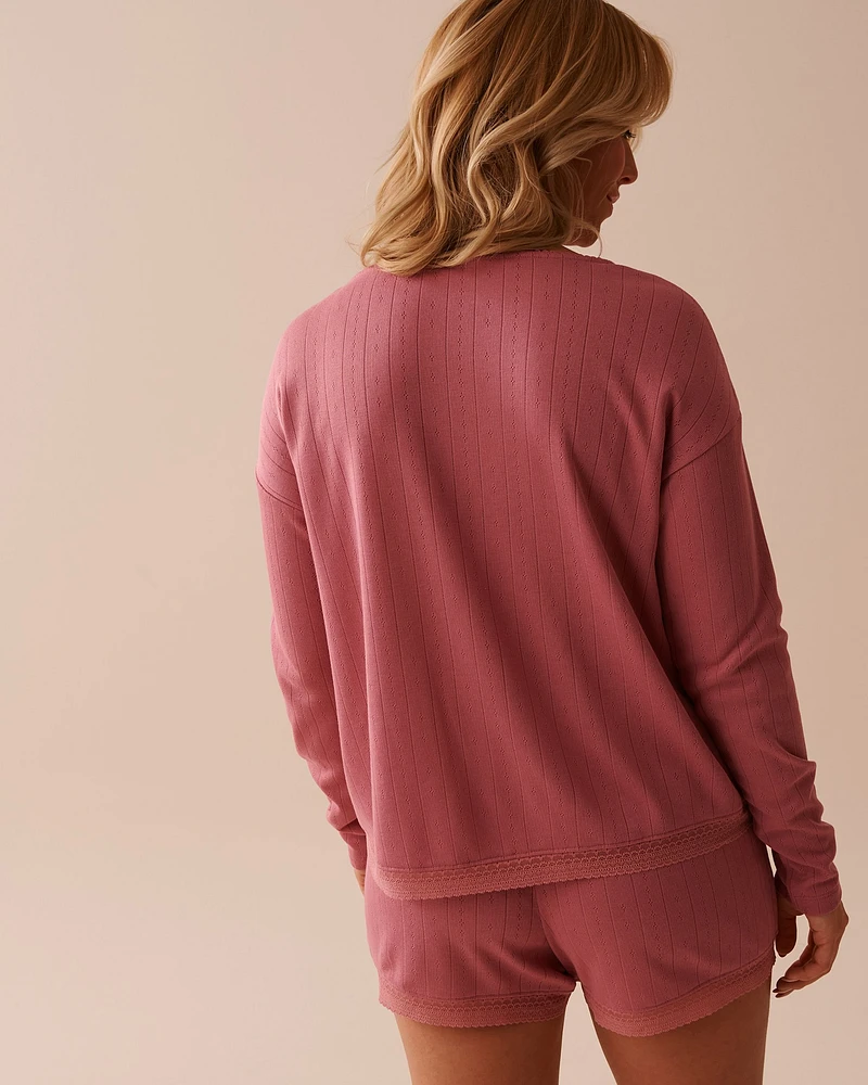 Lace Trim Pointelle Knit Long Sleeve Shirt