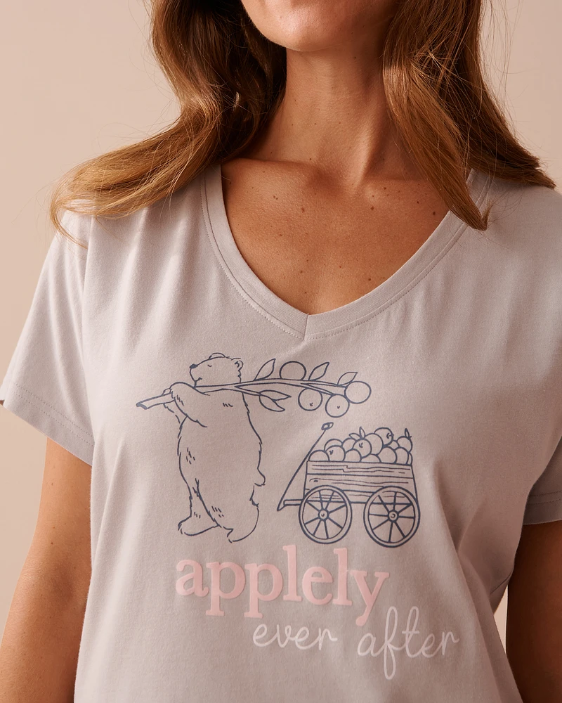 Apple Print Cotton V-neck T-shirt