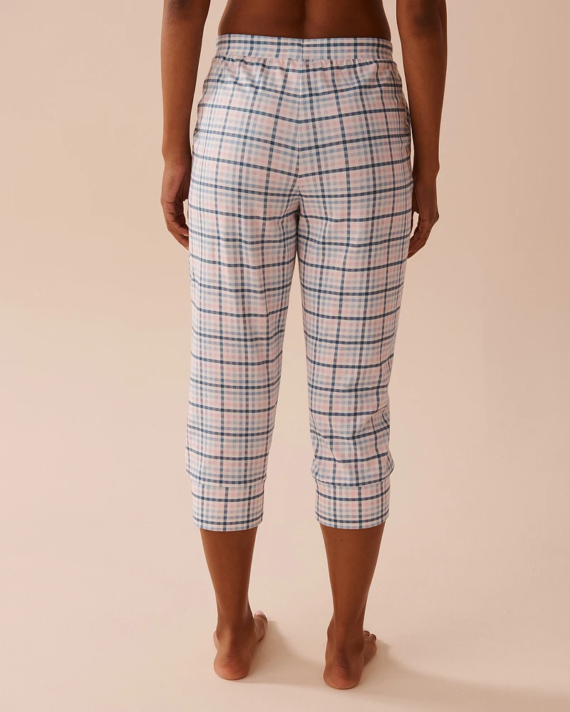 Blue Plaid Cotton Fitted Pajama Capris