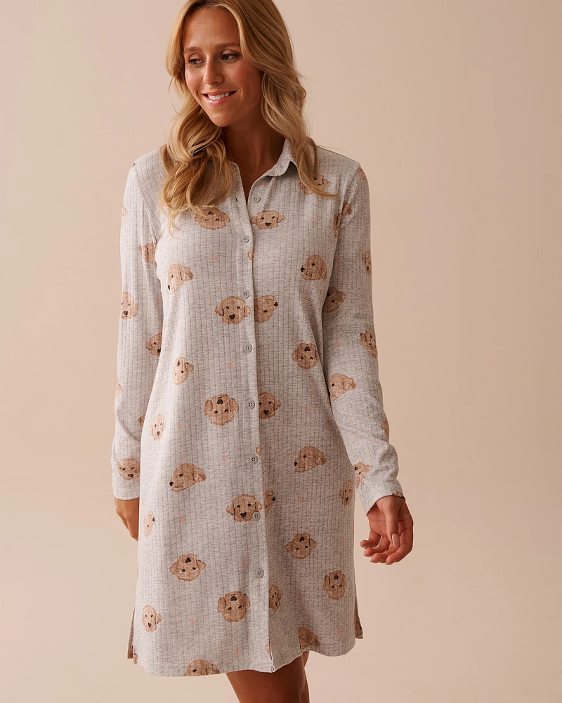 Chemise de nuit en jersey côtelé imprimé chien