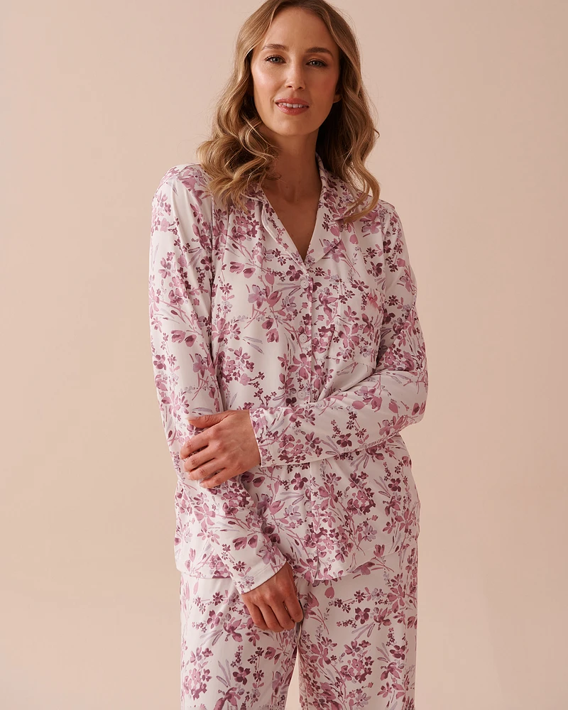 Chemisier manches longues ultra doux à fleurs mauves