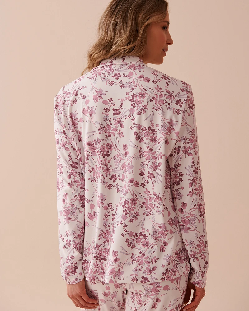 Chemisier manches longues ultra doux à fleurs mauves