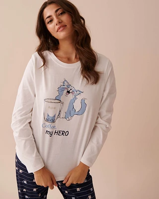 Cat Print Cotton Long Sleeve Shirt