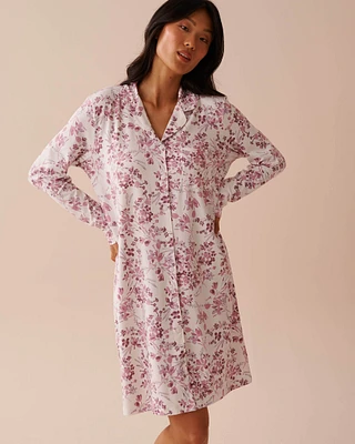 Chemise de nuit manches longues ultra douce à fleurs mauves