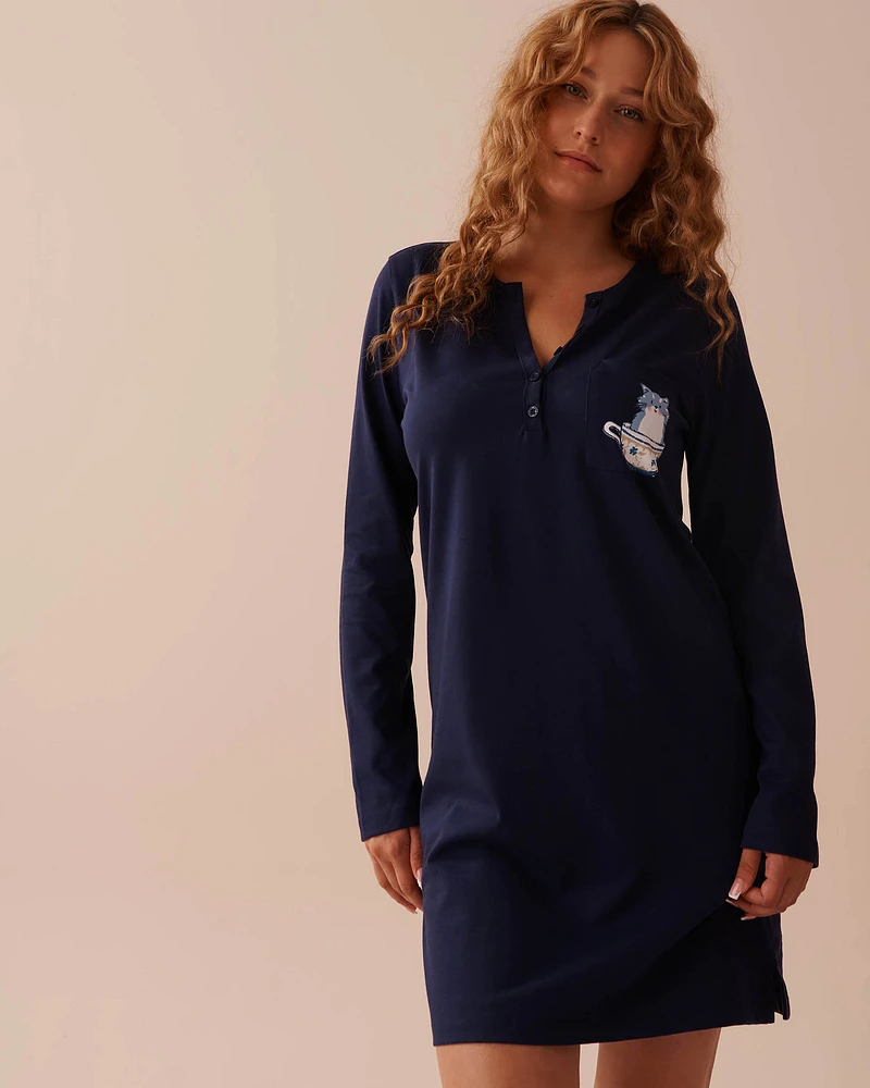 Chemise de nuit en coton à imprimé chat