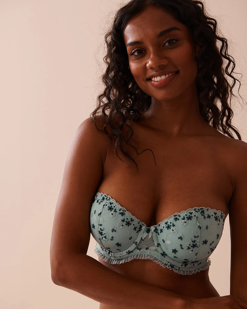 Push-up Strapless Floral Mesh and Ruffle Bra