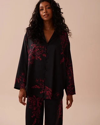 Dark Floral Print Satin Button-down Shirt