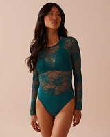 Combiné à manches longues en dentelle et microfibre