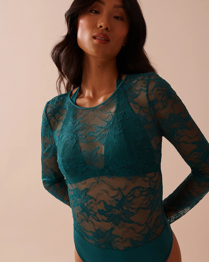 Combiné à manches longues en dentelle et microfibre