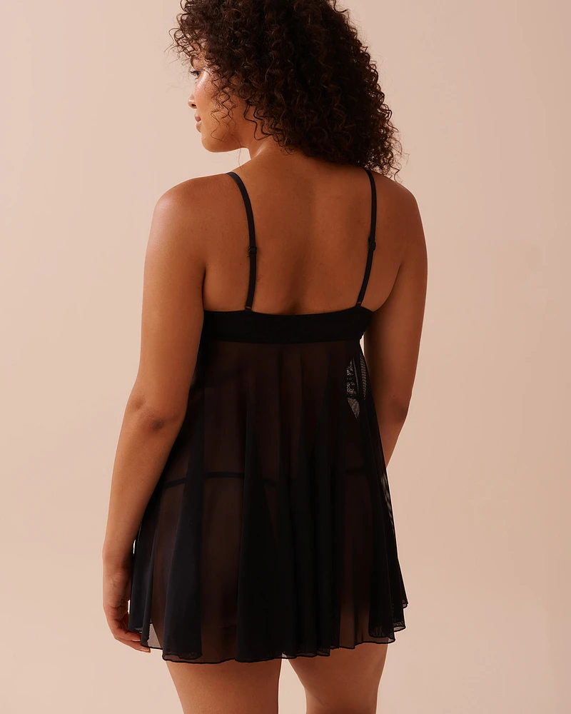Babydoll ouvert en dentelle et résille avec nœud satin