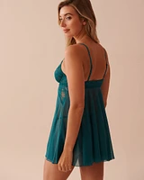 Open Front Lace and Mesh Babydoll with Satin Bow