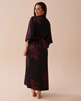 Dark Floral Print Long Satin Kimono