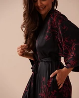 Dark Floral Print Long Satin Kimono