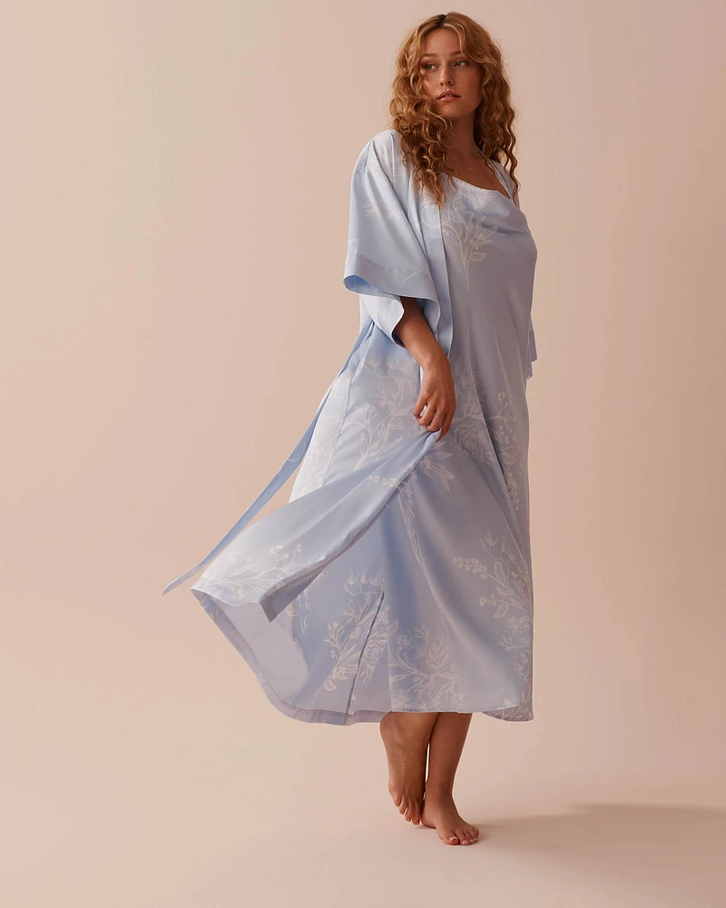 Kimono long en satin imprimé floral pastel