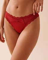 Mesh and Lace Trim Thong Panty with Bow