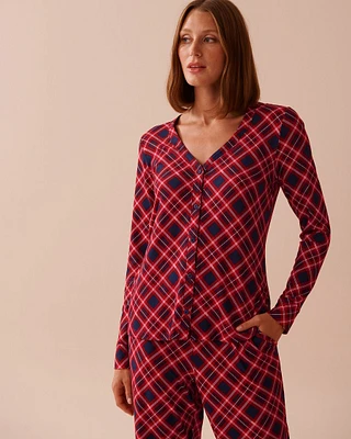 Diagonal Plaid Super Soft V-neck Button-front Top