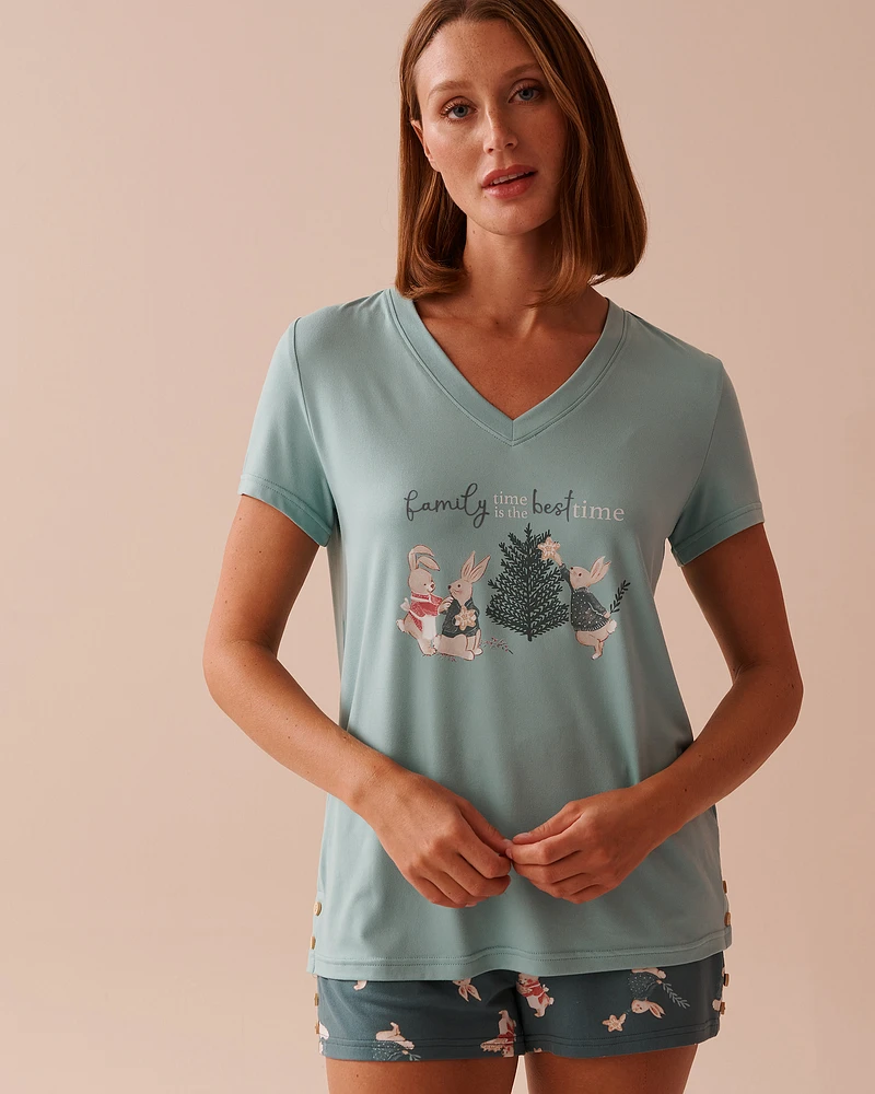 T-shirt col en V ultra doux à imprimé lapin