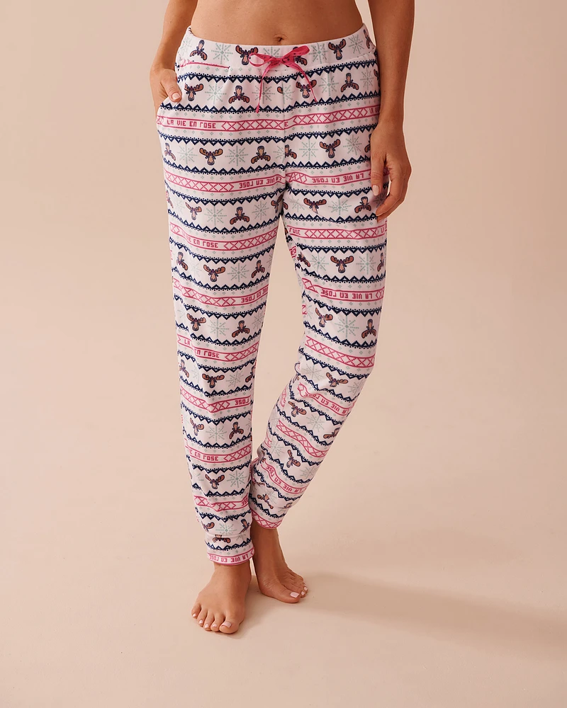 Moose Fair Isle Print Soft Velour Jogger Pajama Pants