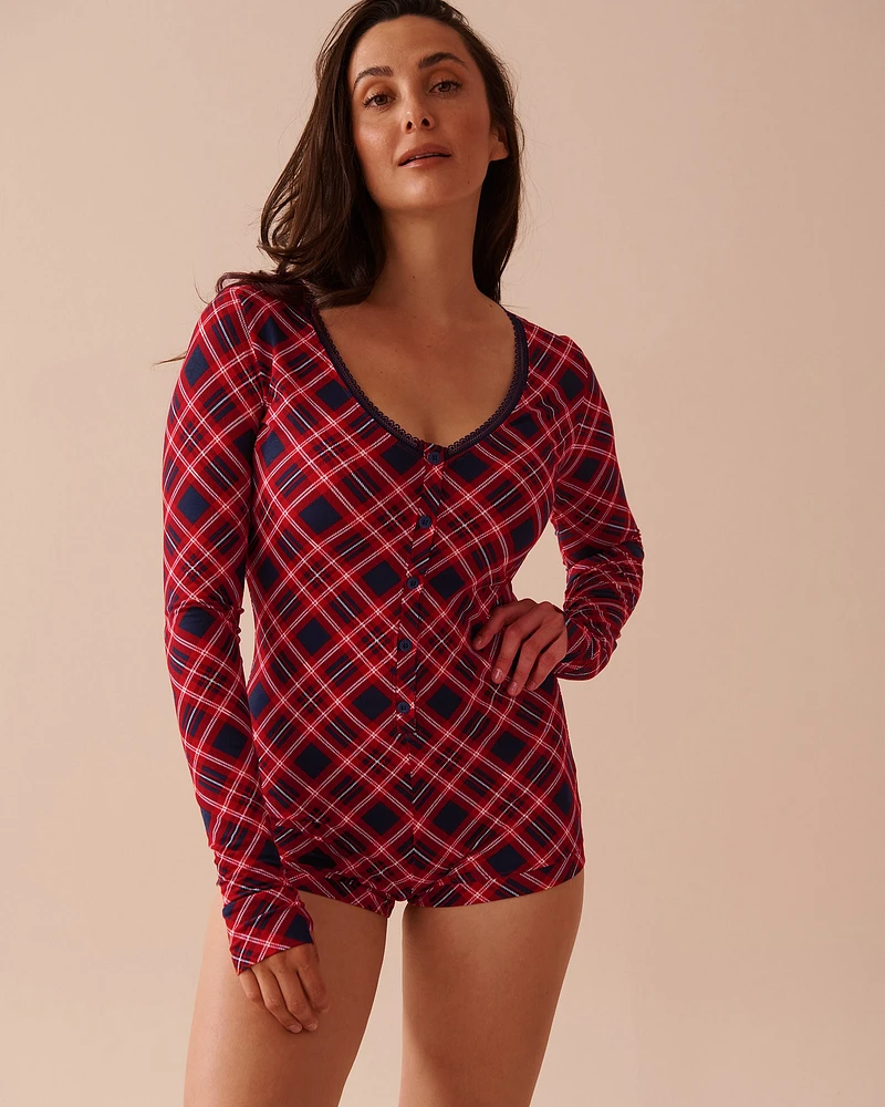 Diagonal Plaid Super Soft Long Sleeve Romper