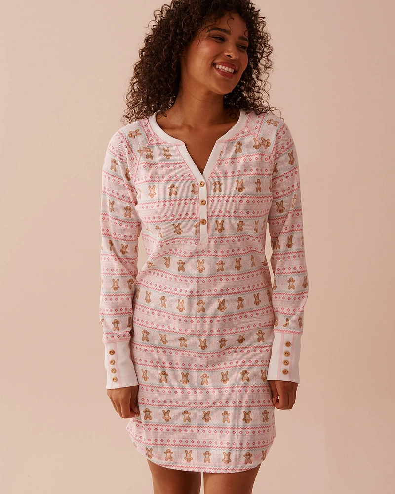 Gingerbread Print Waffle Knit Long Sleeve Sleepshirt