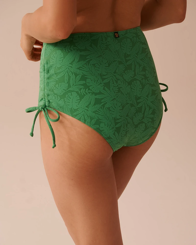 Bas de bikini taille haute noué aux hanches texturé GREEN TROPICAL LEAVES