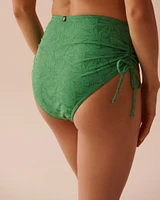 Bas de bikini taille haute noué aux hanches texturé GREEN TROPICAL LEAVES