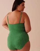 GREEN TROPICAL LEAVES Textured Cross Front One-piece Swimsuit