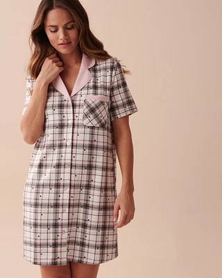 Chemise de nuit manches courtes à carreaux en fibres recyclées