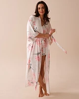 Kimono long en satin à fleurs roses