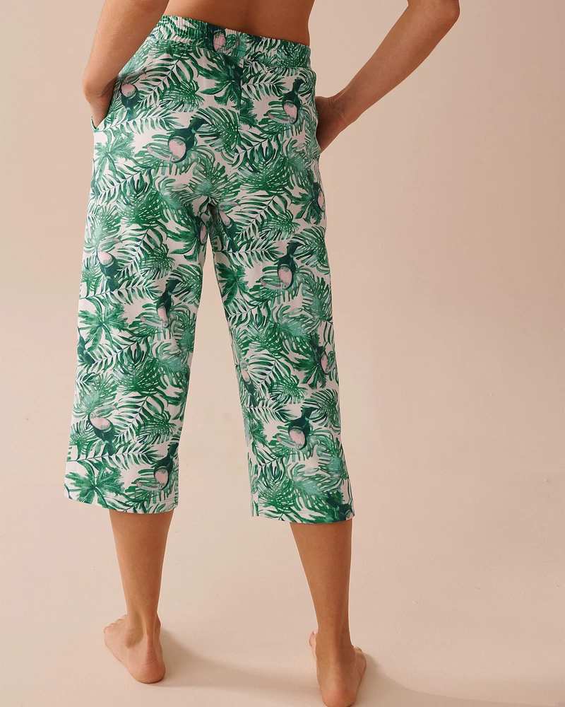 Capri jambe droite en coton à imprimé tropical