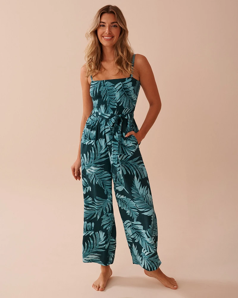 Tropical Leaf Print Wide-leg Jumpsuit